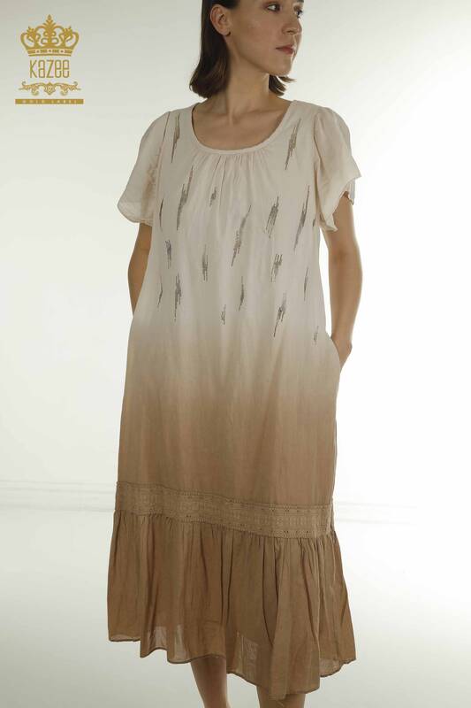 Toptan Kadın Elbise Taş İşlemeli Vizon - 2281 | KAZEE