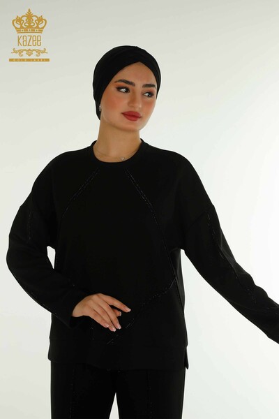 Kazee - Toptan Kadın Eşofman Tesettür Takımı Taş İşlemeli Cepli Black - T-01 | KAZEE (1)