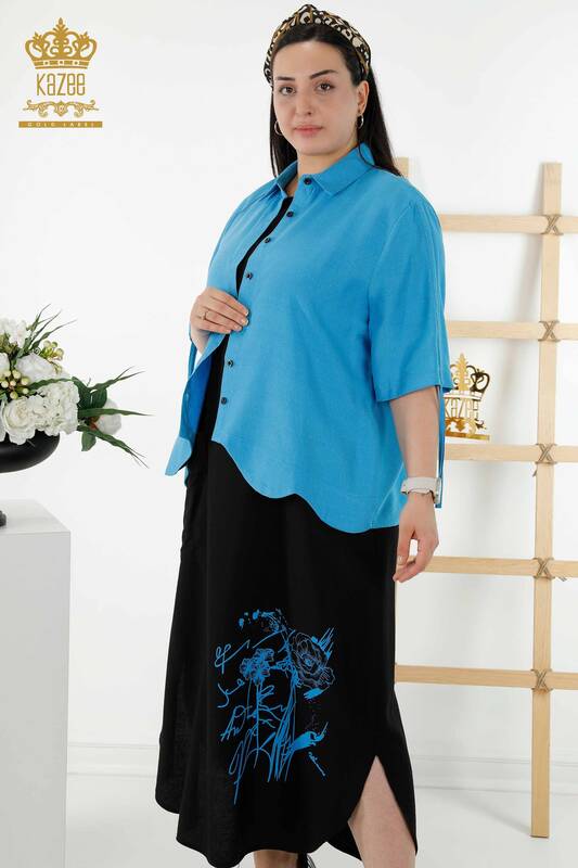 Toptan Kadın Gömlek Elbise Çiçek Desenli Saks Siyah - 20367 | KAZEE