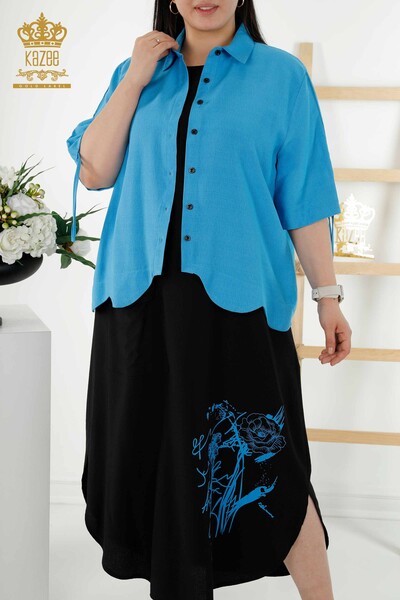 Toptan Kadın Gömlek Elbise Çiçek Desenli Saks Siyah - 20367 | KAZEE - Thumbnail
