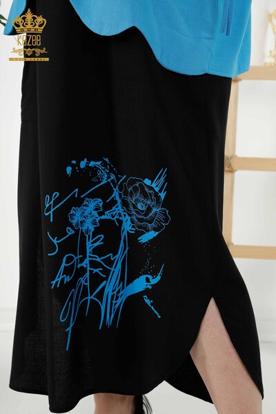 Toptan Kadın Gömlek Elbise Çiçek Desenli Saks Siyah - 20367 | KAZEE - Thumbnail