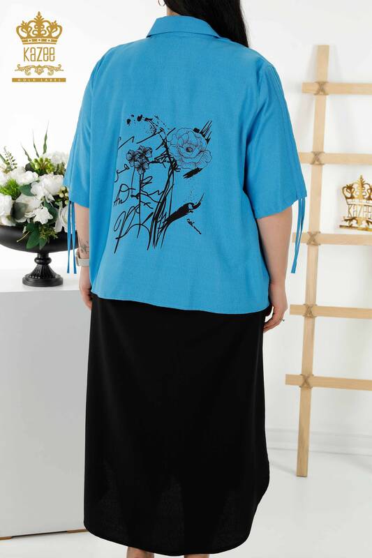 Toptan Kadın Gömlek Elbise Çiçek Desenli Saks Siyah - 20367 | KAZEE