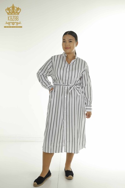 Toptan Kadın Gömlek Elbise Çizgili Ekru - 2402-211672 | S&M - Thumbnail