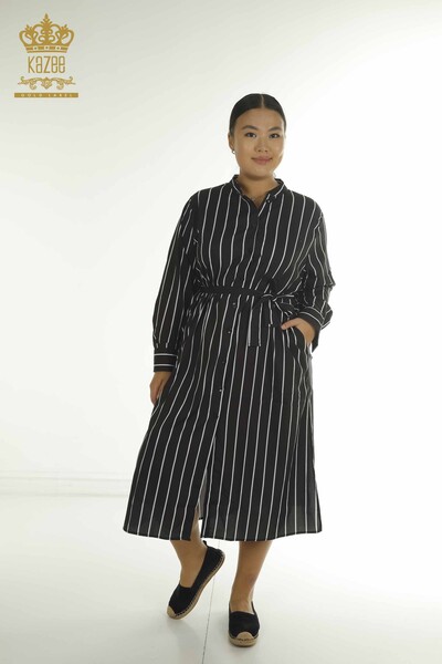 Toptan Kadın Gömlek Elbise Çizgili Siyah - 2402-211672 | S&M - Thumbnail