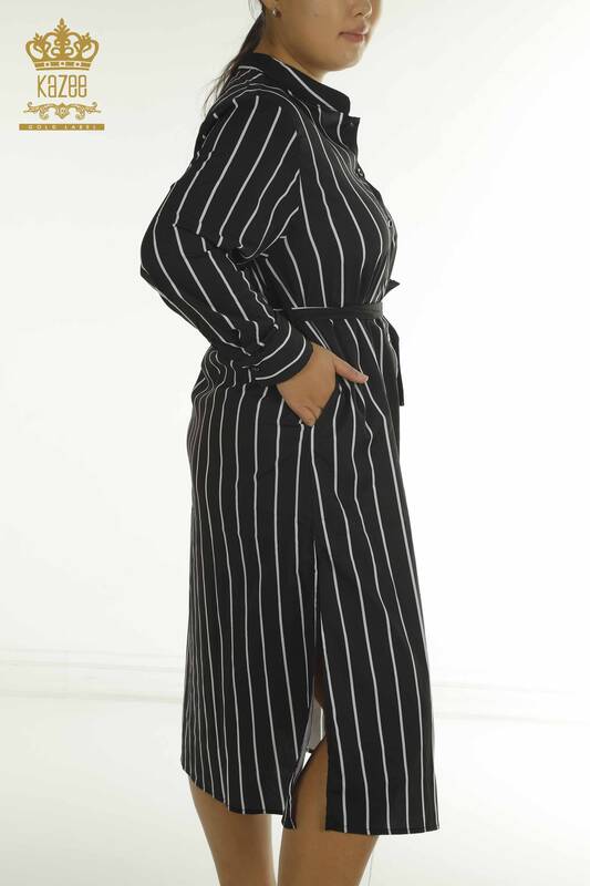 Toptan Kadın Gömlek Elbise Çizgili Siyah - 2402-211672 | S&M