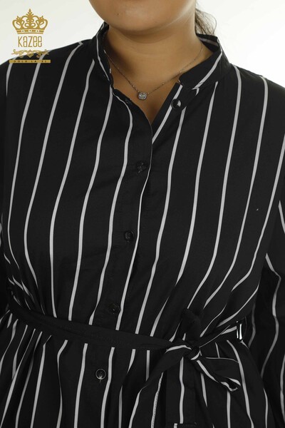 Toptan Kadın Gömlek Elbise Çizgili Siyah - 2402-211672 | S&M - Thumbnail