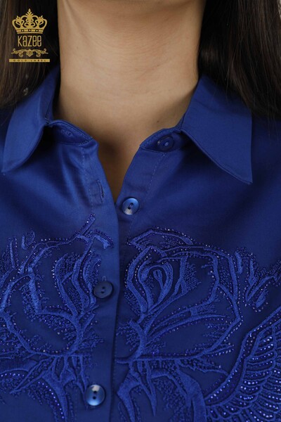 Toptan Kadın Gömlek Melek Kanat Desenli Saks - 20233 | KAZEE - Thumbnail