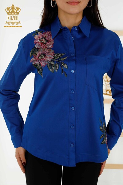 Toptan Kadın Gömlek Renkli Çiçek İşlemeli Saks - 20234 | KAZEE - Thumbnail