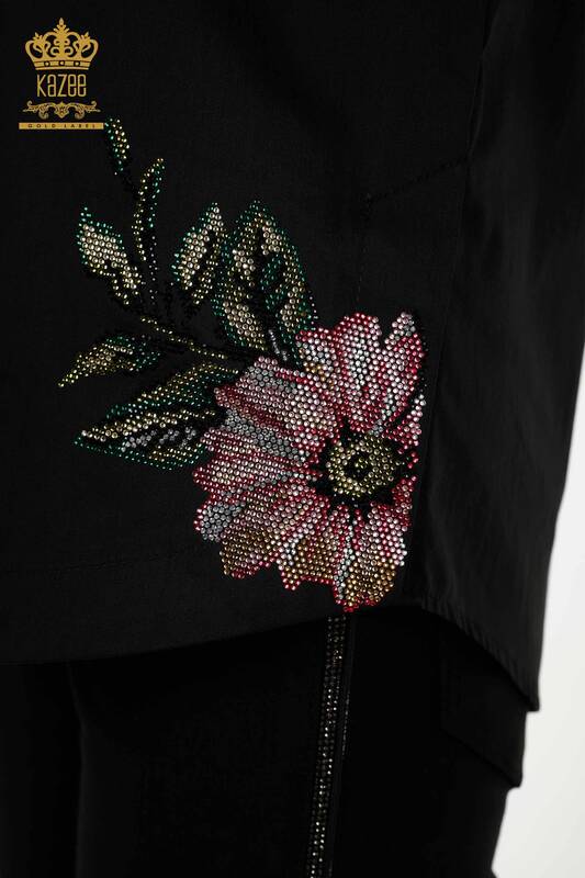 Toptan Kadın Gömlek Renkli Çiçek İşlemeli Siyah - 20234 | KAZEE
