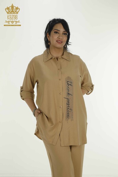 Toptan Kadın İkili Gömlek Takım Yazı Detaylı Bej - 2407-4506 | A - Thumbnail