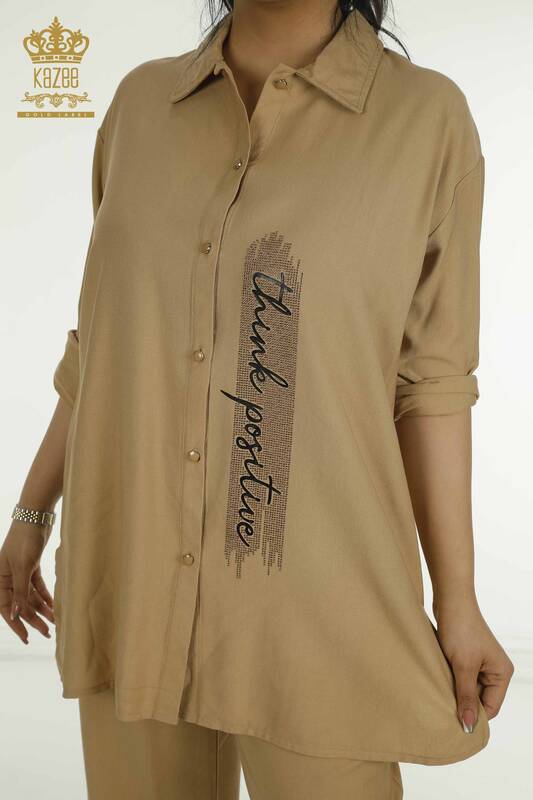 Toptan Kadın İkili Gömlek Takım Yazı Detaylı Bej - 2407-4506 | A