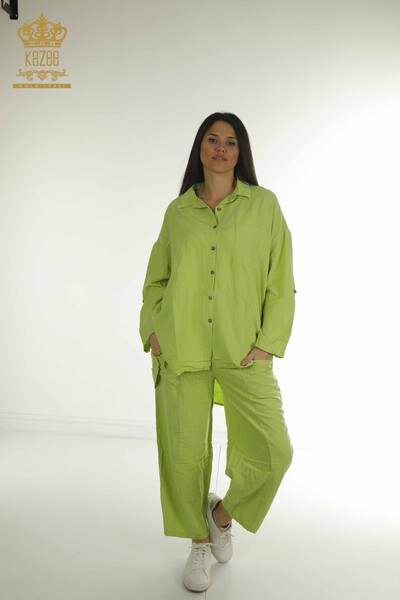 S&M - Toptan Kadın İkili Takım Cepli Fıstık Yeşil - 2402-211670 | S&M