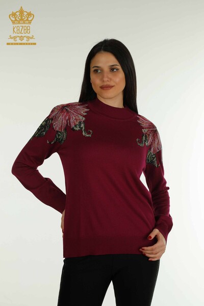 Großhandel Damen-Strickpullover - Schulter Blumen detail - Flieder - 30542 | KAZEE 