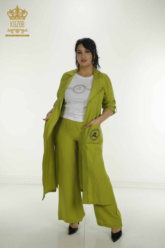 Toptan Kadın Üçlü Takım Taş İşlemeli Fıstık Yeşil - 2407-4505 | A