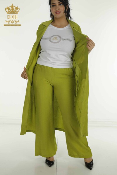 Toptan Kadın Üçlü Takım Taş İşlemeli Fıstık Yeşil - 2407-4505 | A - Thumbnail