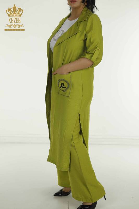 Toptan Kadın Üçlü Takım Taş İşlemeli Fıstık Yeşil - 2407-4505 | A