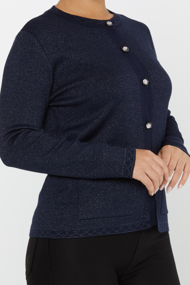 Cardigan en Maille avec Boutons en Pierre et Poche Bleu Marine - 30730 | KAZEE (Lot de 4 M-L-XL-2XL) - 4