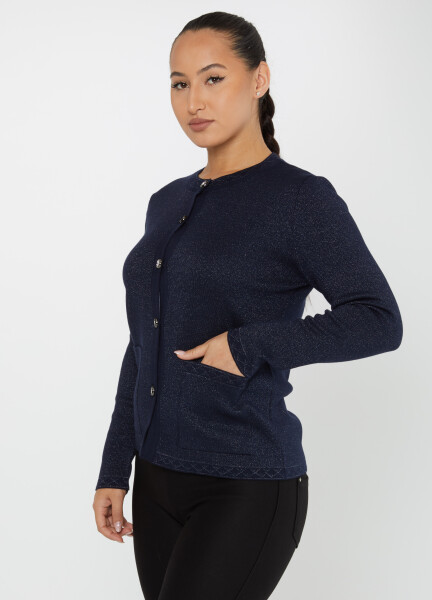 Cardigan en Maille avec Boutons en Pierre et Poche Bleu Marine - 30730 | KAZEE (Lot de 4 M-L-XL-2XL) - 2