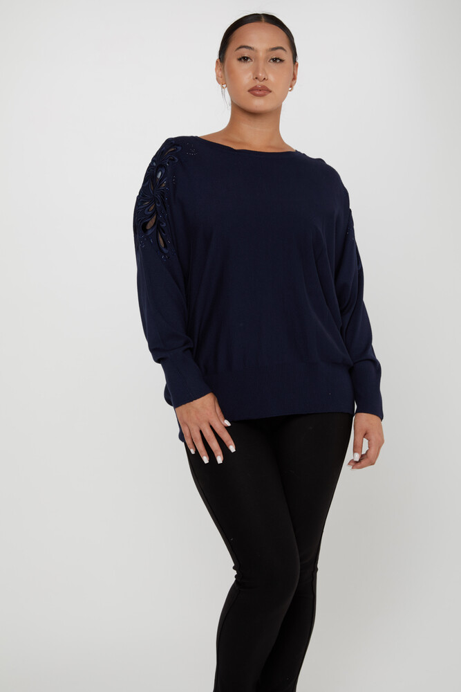 Pull en Maille avec Détail Épaule et Pierres Bleu Marine - 30931 | KAZEE (Lot de 4 M-L-XL-2XL) - 1