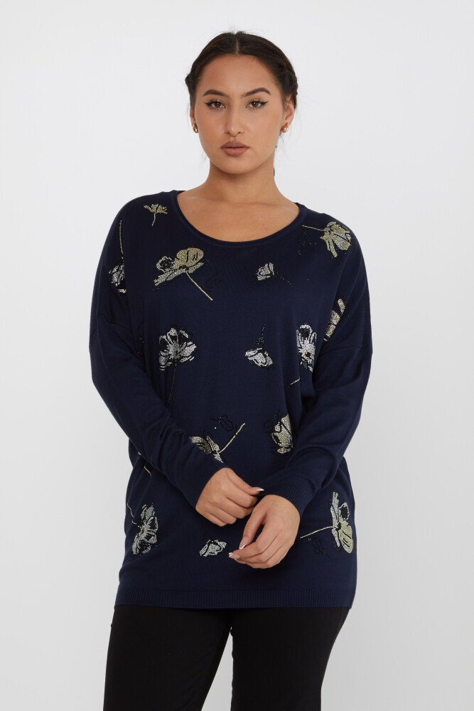 Pull en Maille Fleur Détaillée Pierre Brodée Bleu Marine - 16622 | KAZEE (Lot de 3 L-XL-2XL) - 1