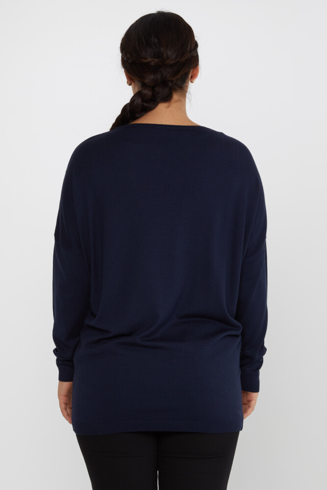 Pull en Maille Fleur Détaillée Pierre Brodée Bleu Marine - 16622 | KAZEE (Lot de 3 L-XL-2XL) - 5