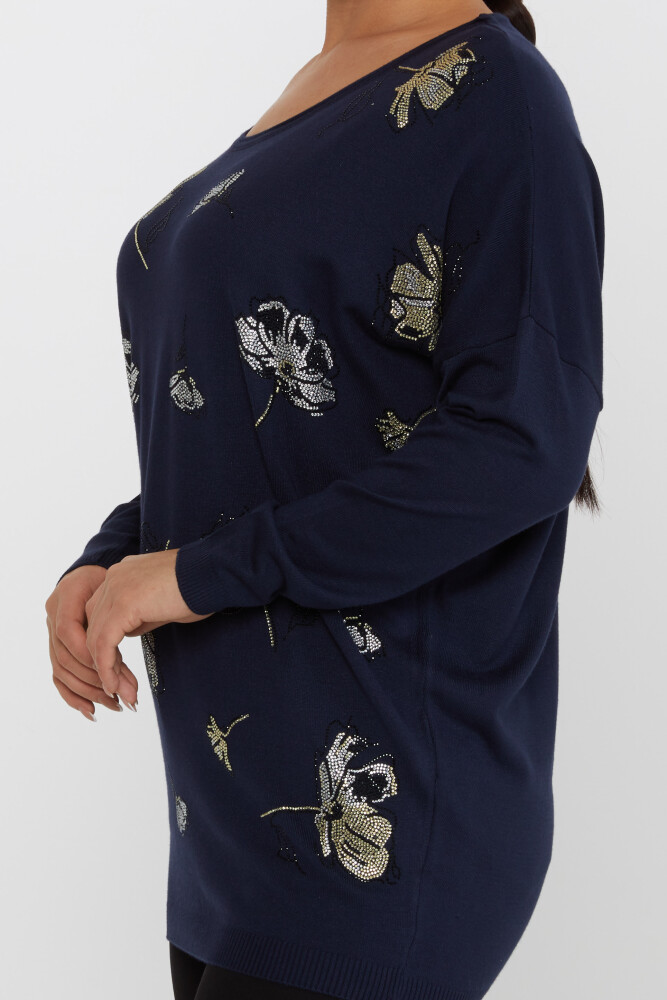 Pull en Maille Fleur Détaillée Pierre Brodée Bleu Marine - 16622 | KAZEE (Lot de 3 L-XL-2XL) - 4