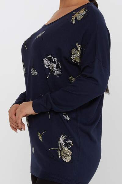 Pull en Maille Fleur Détaillée Pierre Brodée Bleu Marine - 16622 | KAZEE (Lot de 3 L-XL-2XL) - 4