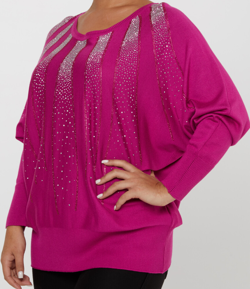 Pull en Maille Manches Chauve-Souris Pierre Brodée Fuchsia - 30675 | KAZEE (Lot de 4 L-XL-2XL-3XL) - 4