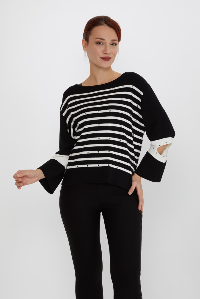 Pull en tricot avec manches décolletées, noir avec pierres - 31274 | KAZEE (Lot de 3 M-L-XL) - 1