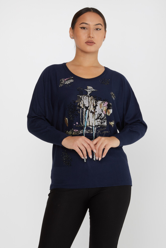 Pull en Maille Pierre Brodée Manches Longues Bleu Marine - 30227 | KAZEE (Lot de 4 M-L-XL-2XL) - 1