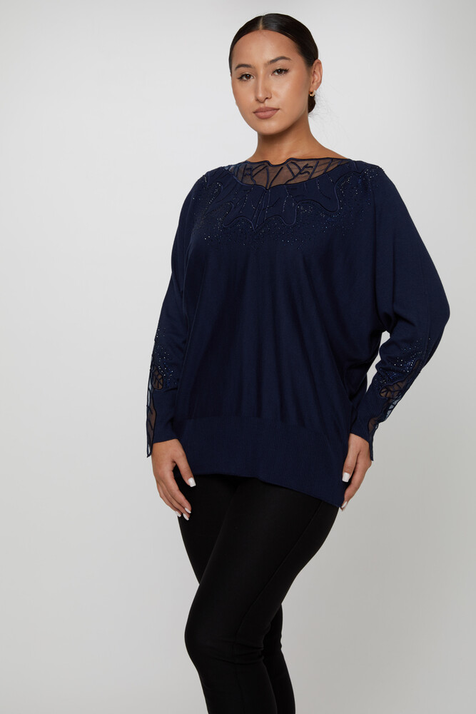 Pull en Maille avec Détail de Tulle Brodé de Pierre Bleu Marine - 31227 | KAZEE (Lot de 3 L-XL-2XL) - 1