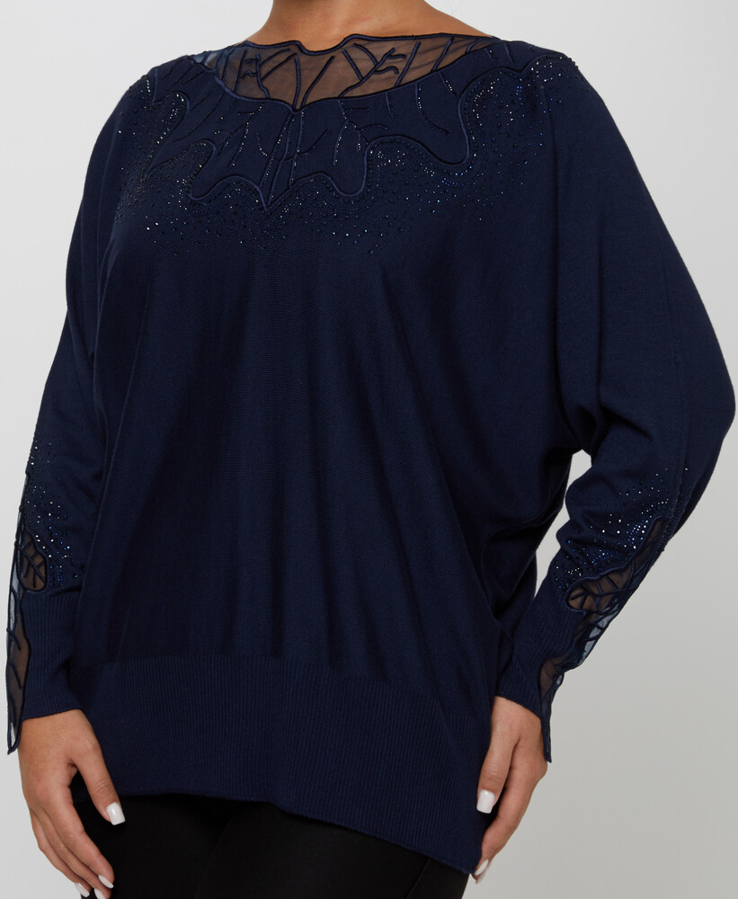 Pull en Maille avec Détail de Tulle Brodé de Pierre Bleu Marine - 31227 | KAZEE (Lot de 3 L-XL-2XL) - 2