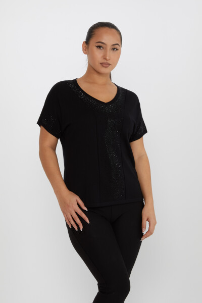 Pull en Maille Pierre Brodée Manches Courtes Noir - 30761 | KAZEE (Lot de 4 L-XL-2XL-3XL) - 1