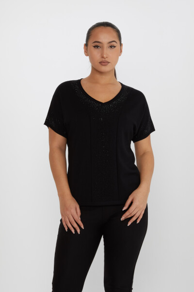 Pull en Maille Pierre Brodée Manches Courtes Noir - 30761 | KAZEE (Lot de 4 L-XL-2XL-3XL) - 2