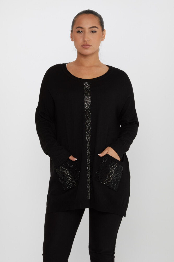 Tricots Pull Poche Pierre Brodée Manches Longues Noir - 30622 | KAZEE (Lot de 4 L-XL-2XL-3XL) - 1