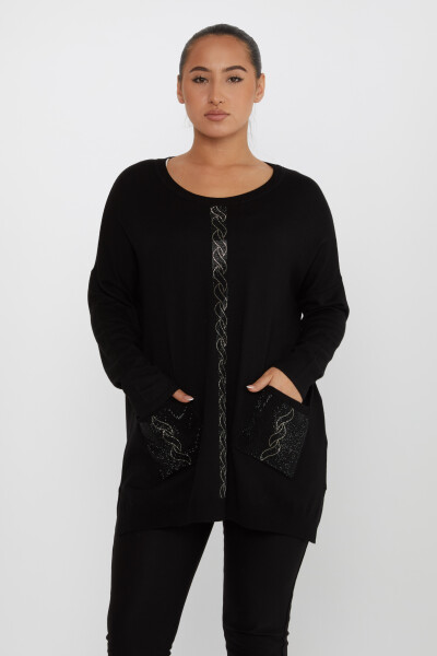 Tricots Pull Poche Pierre Brodée Manches Longues Noir - 30622 | KAZEE (Lot de 4 L-XL-2XL-3XL) 