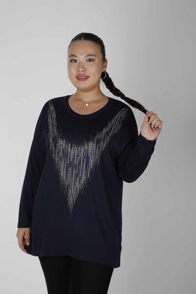 Tricotaj Pulover Slit Stone Brodat Bleumarin - 30220 | KAZEE (Set de 4 L-XL-2XL-3XL) 