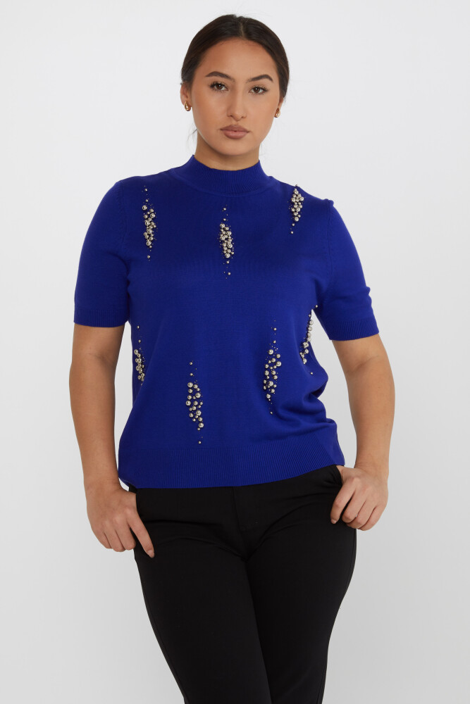 Triko Kazak Boncuk İşlemeli Saks - 16929 | KAZEE (4'lü Set L-XL-2XL-3XL) - 1