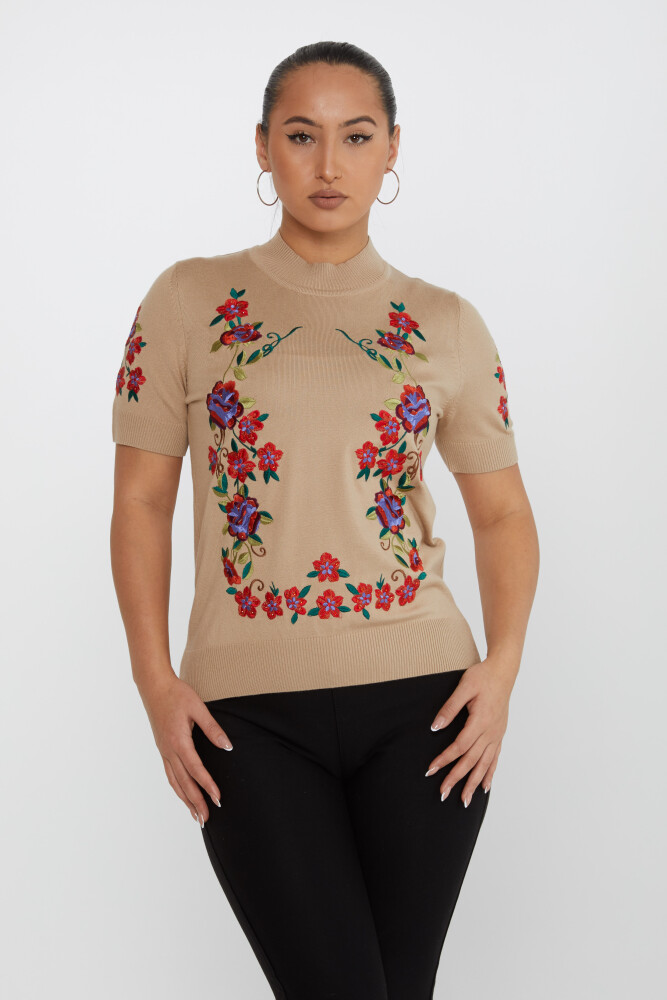 Triko Kazak Çiçek İşlemeli Bej - 15876 | KAZEE (4'lü Set L-XL-2XL-3XL) - 1