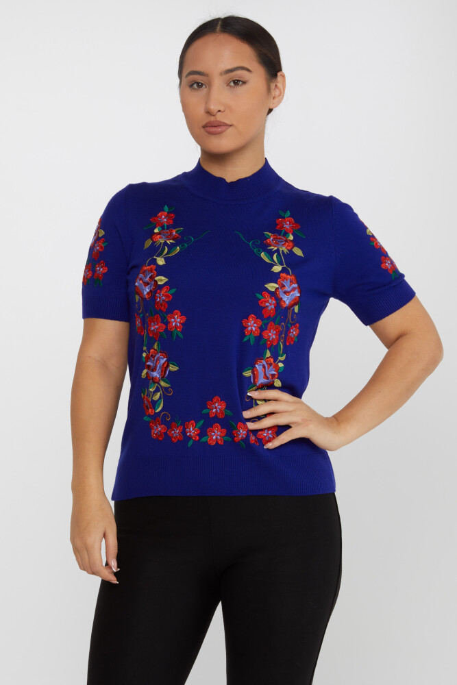 Triko Kazak Çiçek İşlemeli Saks - 15876 | KAZEE (4'lü Set L-XL-2XL-3XL) - 2