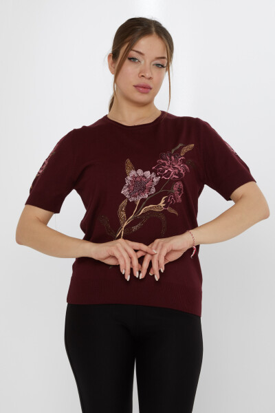 Triko Kazak Çiçek Nakışlı Mürdüm - 31725 | KAZEE (3'lü Set L-XL-2XL) - 2