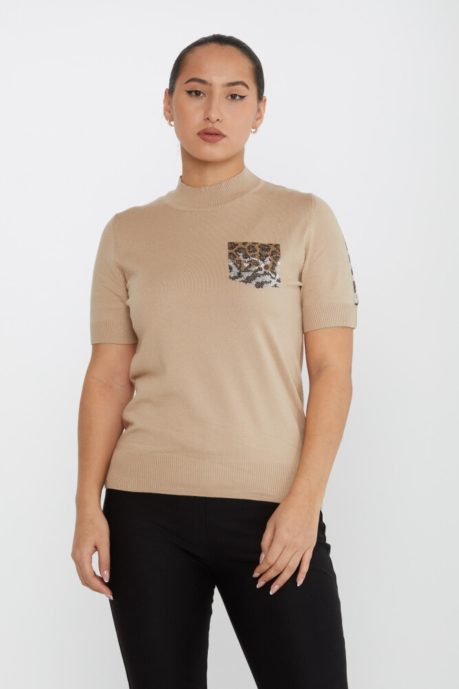 Triko Kazak Leopar Taş İşlemeli Bej - 31623 | KAZEE (4'lü Set M-L-XL-2XL) - 1