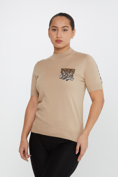 Triko Kazak Leopar Taş İşlemeli Bej - 31623 | KAZEE (4'lü Set M-L-XL-2XL) - 2