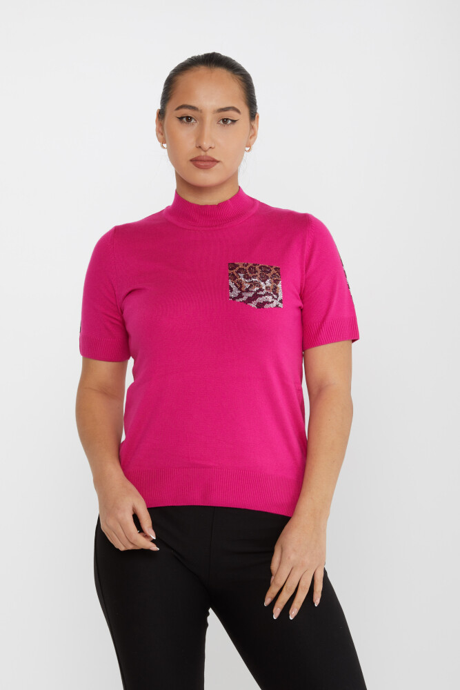 Triko Kazak Leopar Taş İşlemeli Fuşya - 31623 | KAZEE (4'lü Set M-L-XL-2XL) - 1