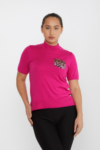 Triko Kazak Leopar Taş İşlemeli Fuşya - 31623 | KAZEE (4'lü Set M-L-XL-2XL) - 2