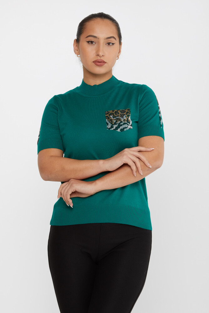 Triko Kazak Leopar Taş İşlemeli Yeşil - 31623 | KAZEE (4'lü Set M-L-XL-2XL) - 1