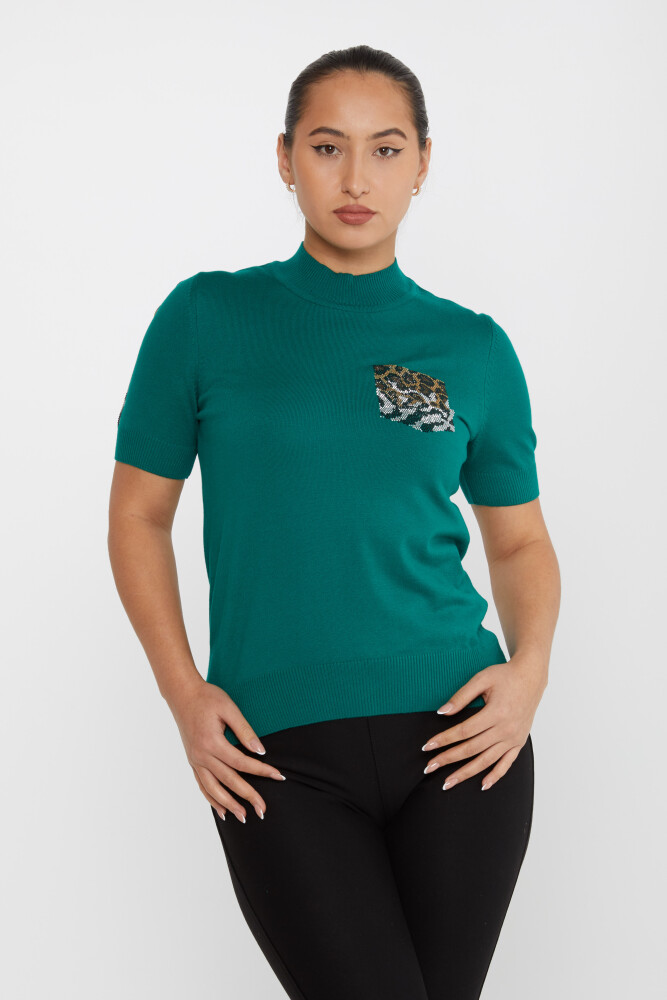 Triko Kazak Leopar Taş İşlemeli Yeşil - 31623 | KAZEE (4'lü Set M-L-XL-2XL) - 2