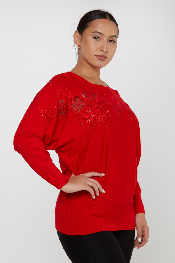 Triko Kazak Nakış İşlemeli Kırmızı - 30925 | KAZEE (4'lü Set M-L-XL-2XL) - 2