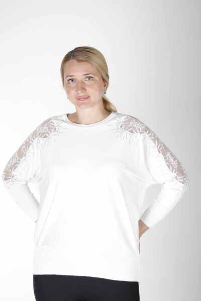 Kazee - Triko Kazak Omuz Tül Desenli Ekru - 30767 | KAZEE (4'lü Set L-XL-2XL-3XL)