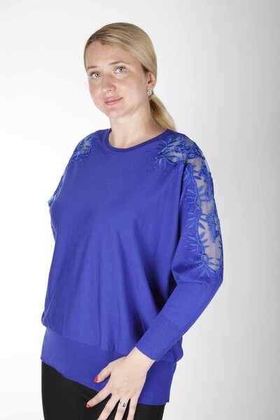 Kazee - Triko Kazak Omuz Tül Desenli Saks - 30767 | KAZEE (4'lü Set L-XL-2XL-3XL)